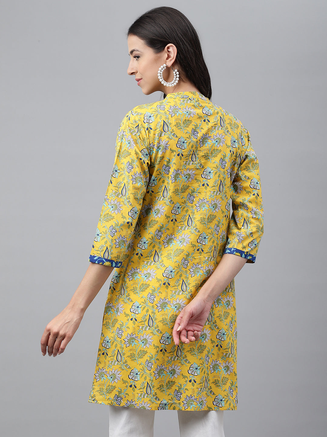 Janasya Women's Yellow Cotton Floral Print Casual Empire Tunic