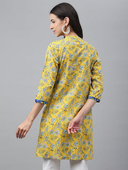 Janasya Women's Yellow Cotton Floral Print Casual Empire Tunic