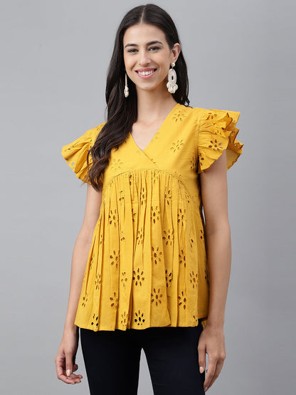 Janasya Women's Mustard Cotton Schiffli Casual Gathered Top