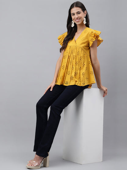 Janasya Women's Mustard Cotton Schiffli Casual Gathered Top