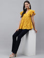 Janasya Women's Mustard Cotton Schiffli Casual Gathered Top