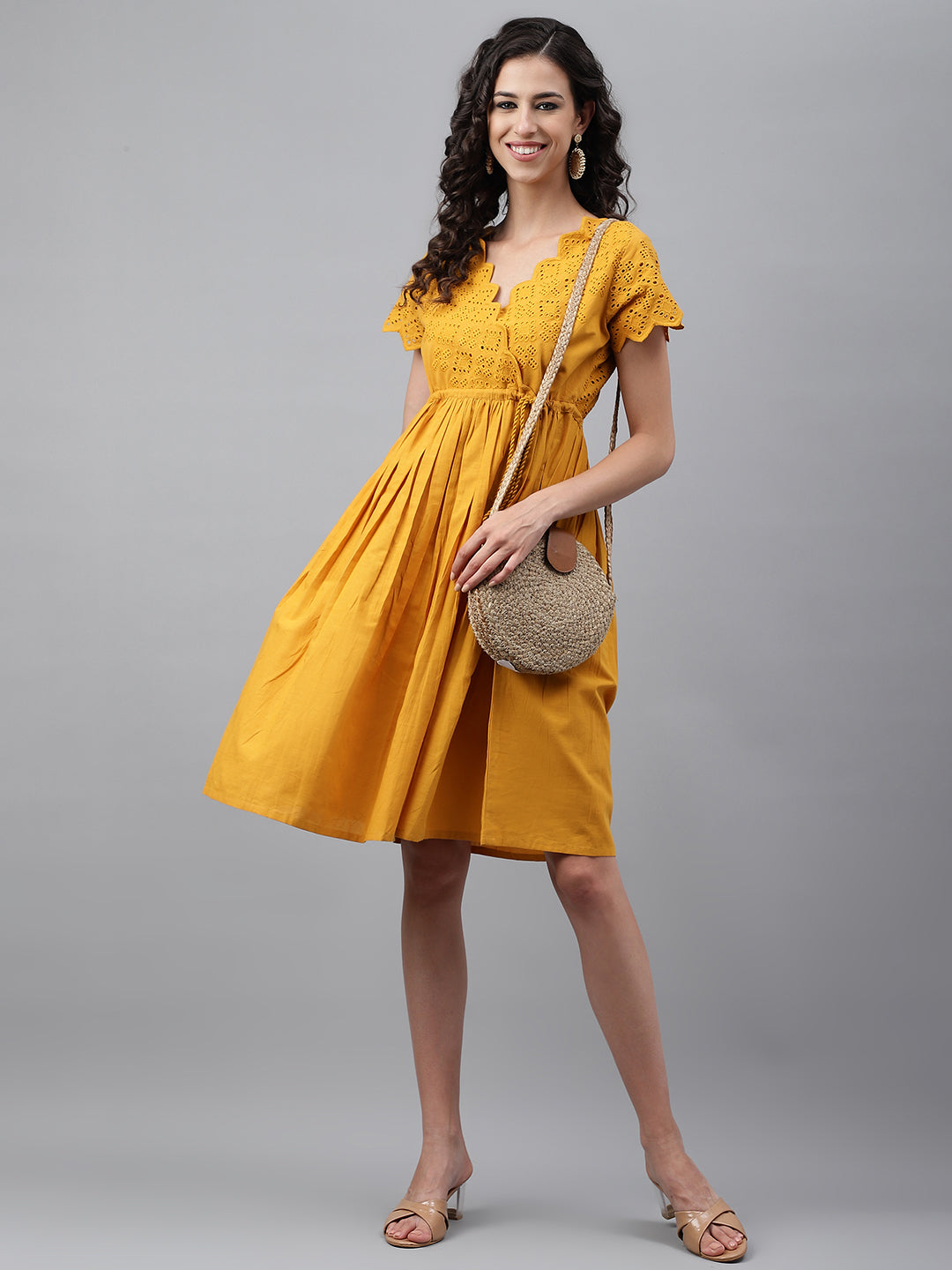 Janasya Women's Yellow Cotton Schiffli Flared Casual Dress