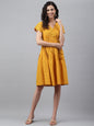 Janasya Women's Yellow Cotton Schiffli Flared Casual Dress
