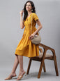 Janasya Women's Yellow Cotton Schiffli Flared Casual Dress