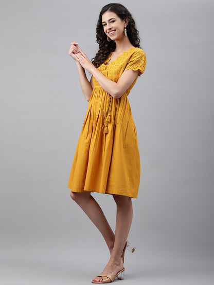 Janasya Women's Yellow Cotton Schiffli Flared Casual Dress