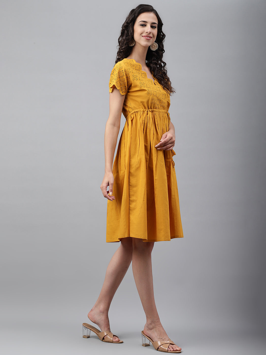 Janasya Women's Yellow Cotton Schiffli Flared Casual Dress