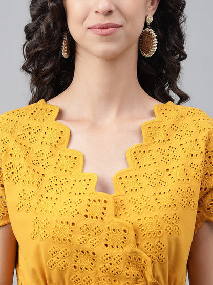 Janasya Women's Yellow Cotton Schiffli Flared Casual Dress