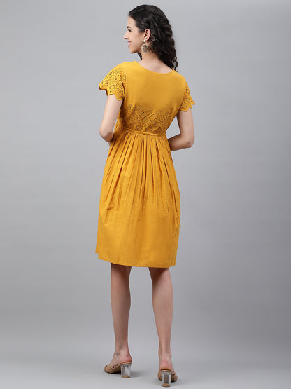 Janasya Women's Yellow Cotton Schiffli Flared Casual Dress
