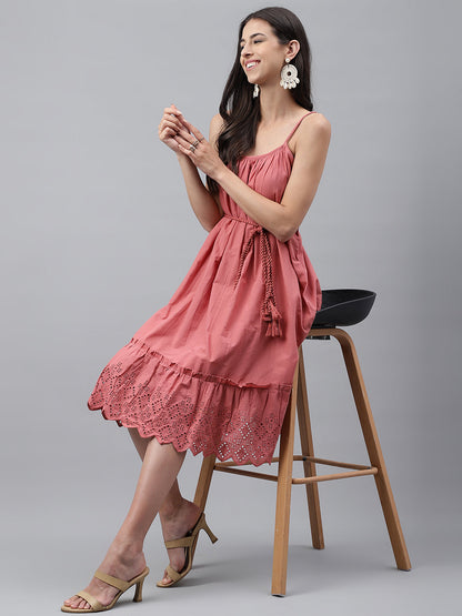 Janasya Women's Pink Cotton Schiffli Flared Western Dress