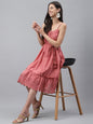 Janasya Women's Pink Cotton Schiffli Flared Western Dress