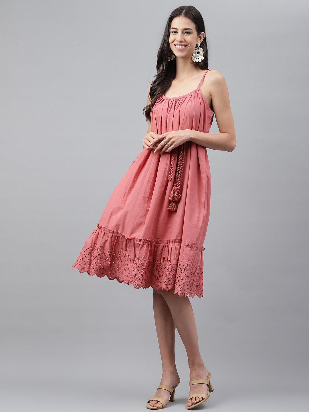 Janasya Women's Pink Cotton Schiffli Flared Western Dress