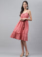 Janasya Women's Pink Cotton Schiffli Flared Western Dress