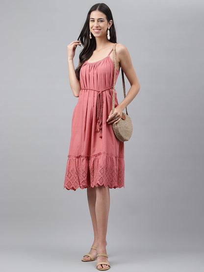 Janasya Women's Pink Cotton Schiffli Flared Western Dress