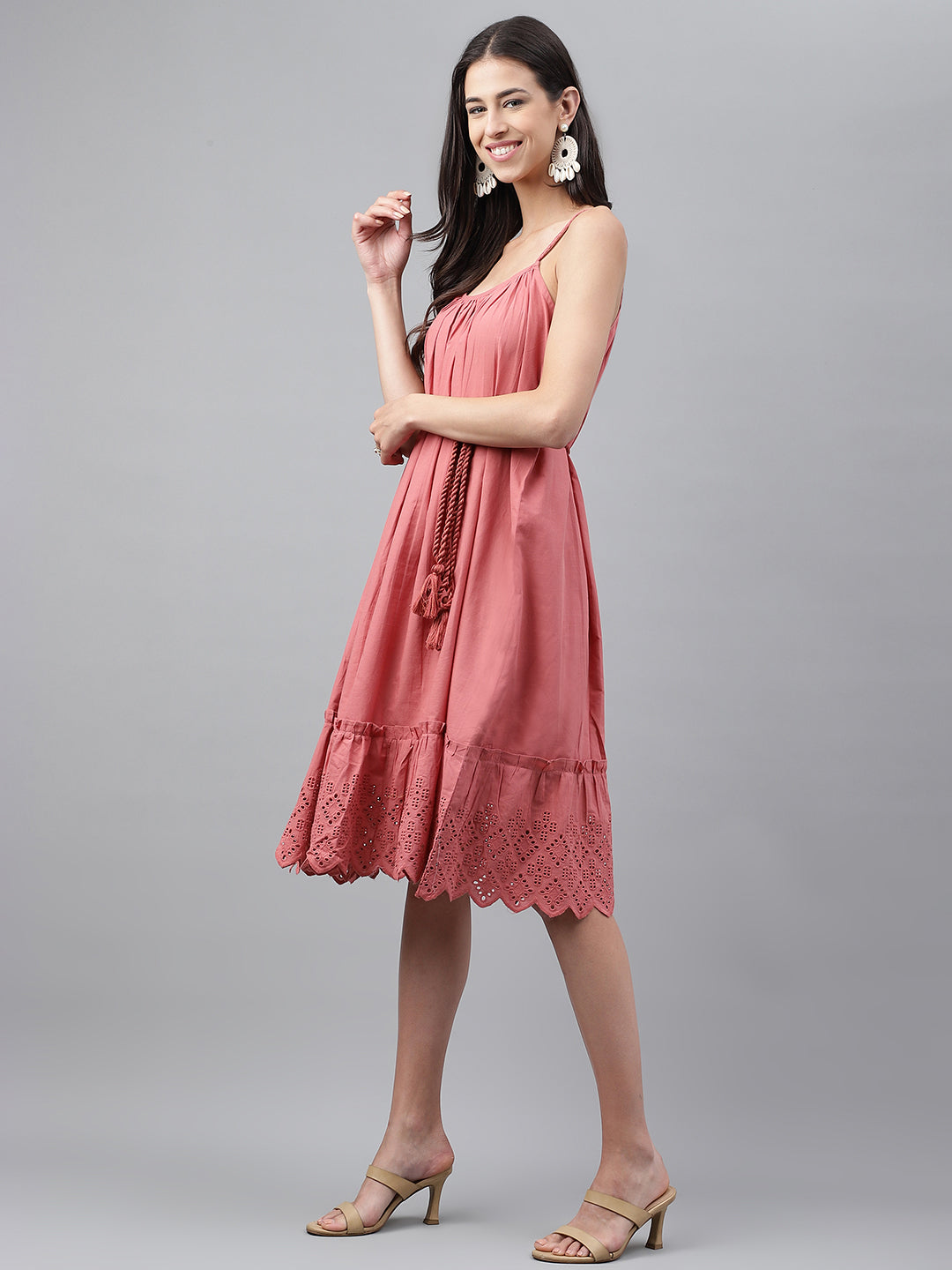 Janasya Women's Pink Cotton Schiffli Flared Western Dress