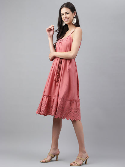 Janasya Women's Pink Cotton Schiffli Flared Western Dress