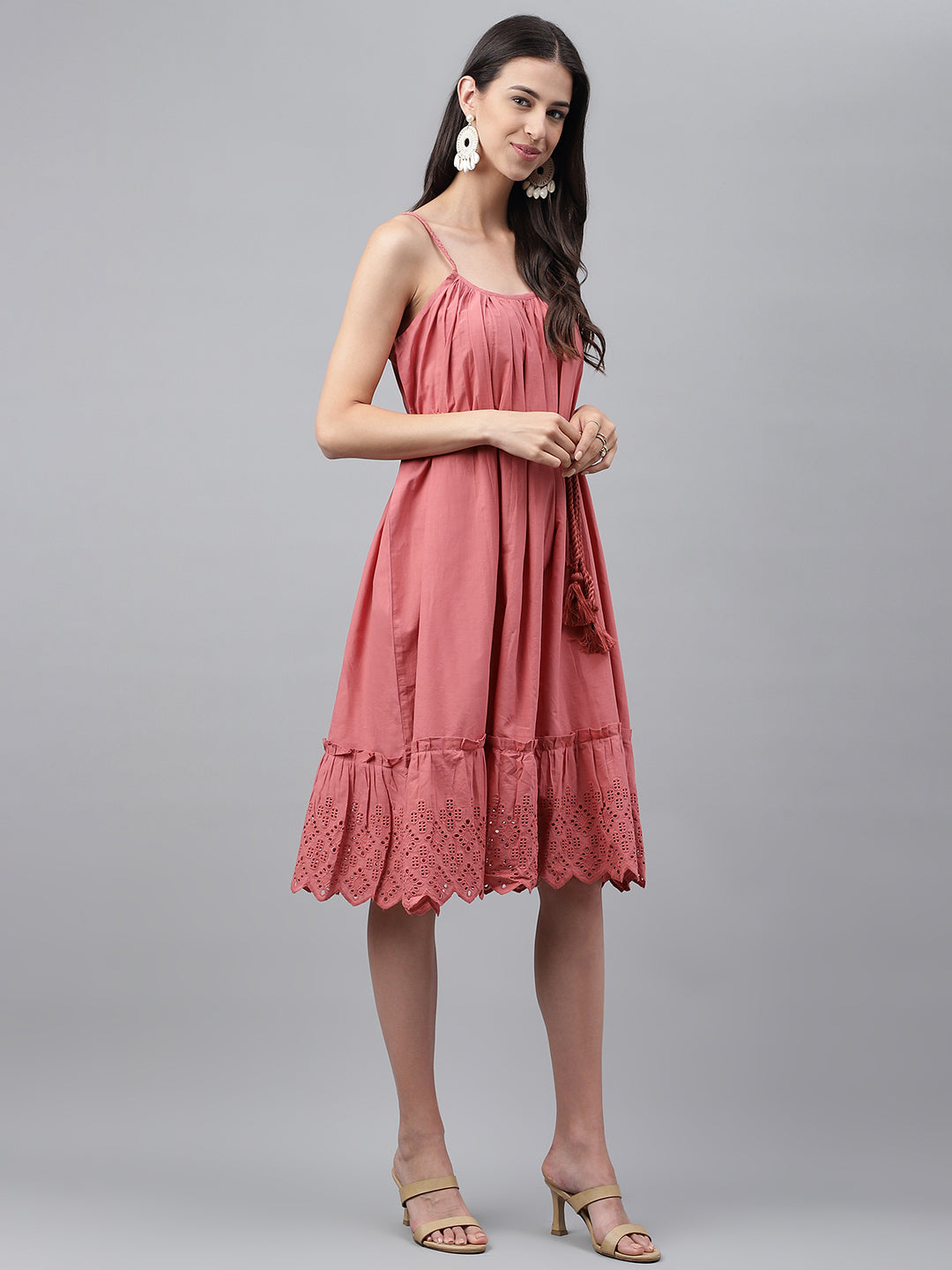 Janasya Women's Pink Cotton Schiffli Flared Western Dress