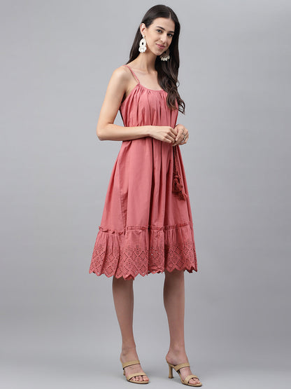 Janasya Women's Pink Cotton Schiffli Flared Western Dress