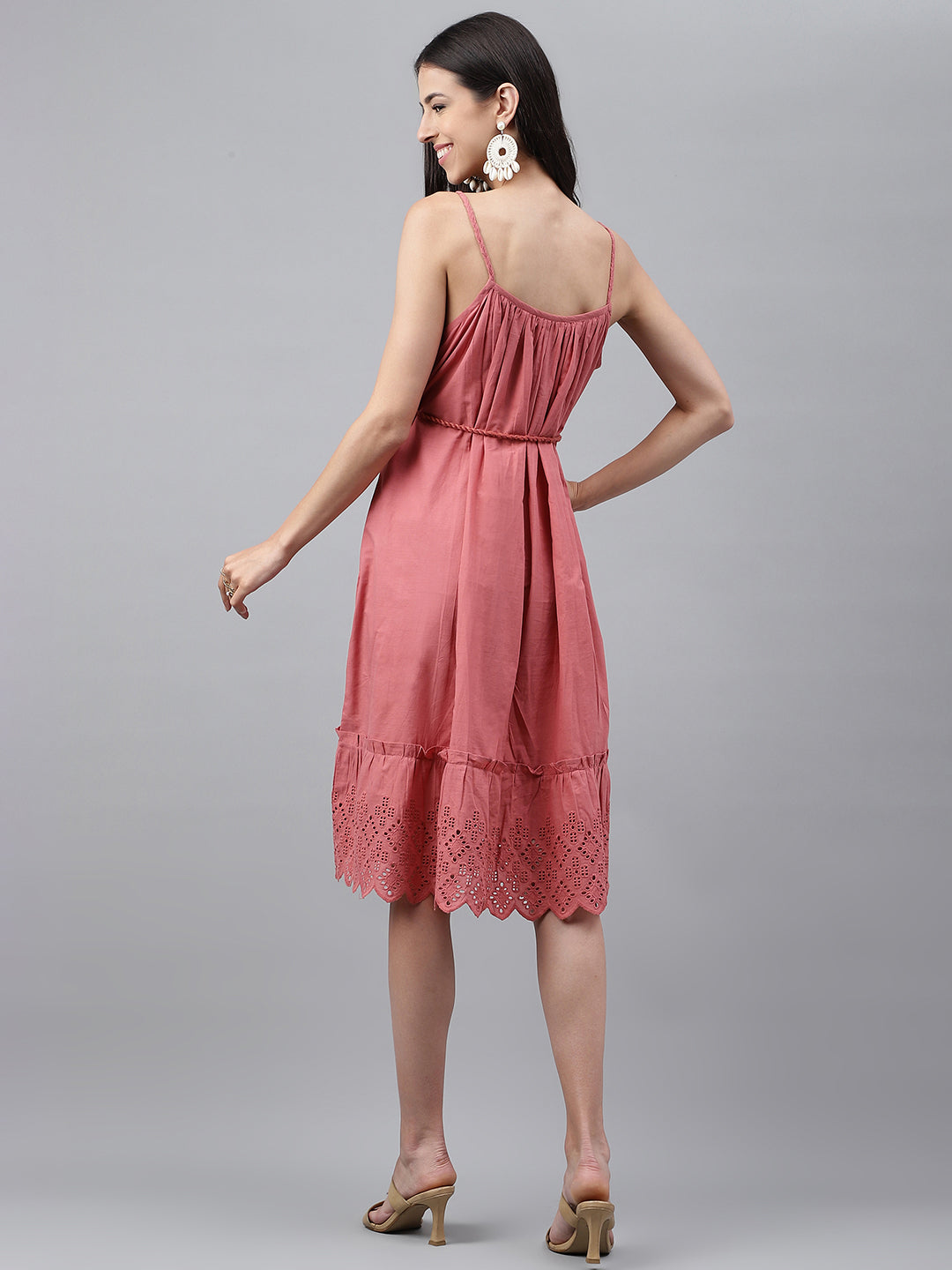 Janasya Women's Pink Cotton Schiffli Flared Western Dress