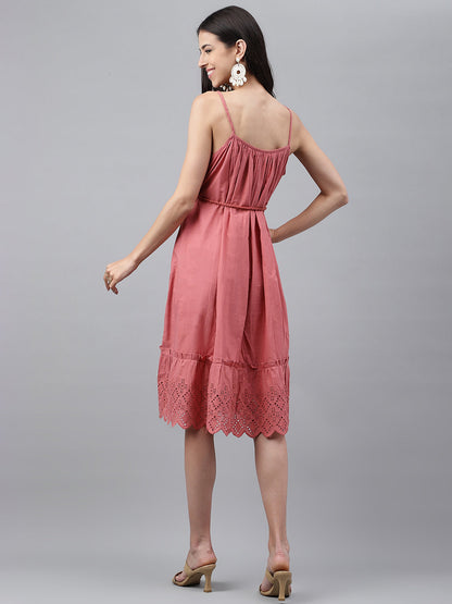 Janasya Women's Pink Cotton Schiffli Flared Western Dress