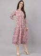 Janasya Women's Pink Chiffon Lurex Floral Printed Flared Casual Dress