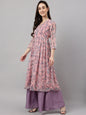 Janasya Women's Pink Chiffon Lurex Floral Printed Casual Flared Kurta