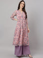 Janasya Women's Pink Chiffon Lurex Floral Printed Casual Flared Kurta