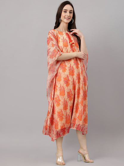 Janasya Women's Orange Chiffon Lurex Floral Printed Casual Kaftan Kurta