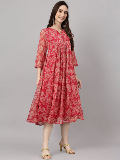 Indian Clothing Janasya Women's Dark Pink Chiffon Lurex Floral Printed Flared Casual Dress