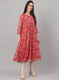 Indian Clothing Janasya Women's Dark Pink Chiffon Lurex Floral Printed Flared Casual Dress