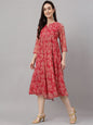 Indian Clothing Janasya Women's Dark Pink Chiffon Lurex Floral Printed Flared Casual Dress