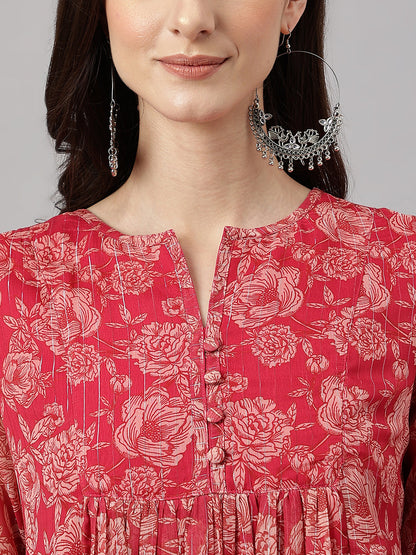 Indian Clothing Janasya Women's Dark Pink Chiffon Lurex Floral Printed Casual flared Kurta