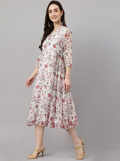 Janasya Women's Orange Chiffon Lurex Floral Printed Kaftan Casual Dress