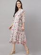 Janasya Women's Orange Chiffon Lurex Floral Printed Kaftan Casual Dress