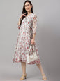 Janasya Women's Orange Chiffon Lurex Floral Printed Kaftan Casual Dress