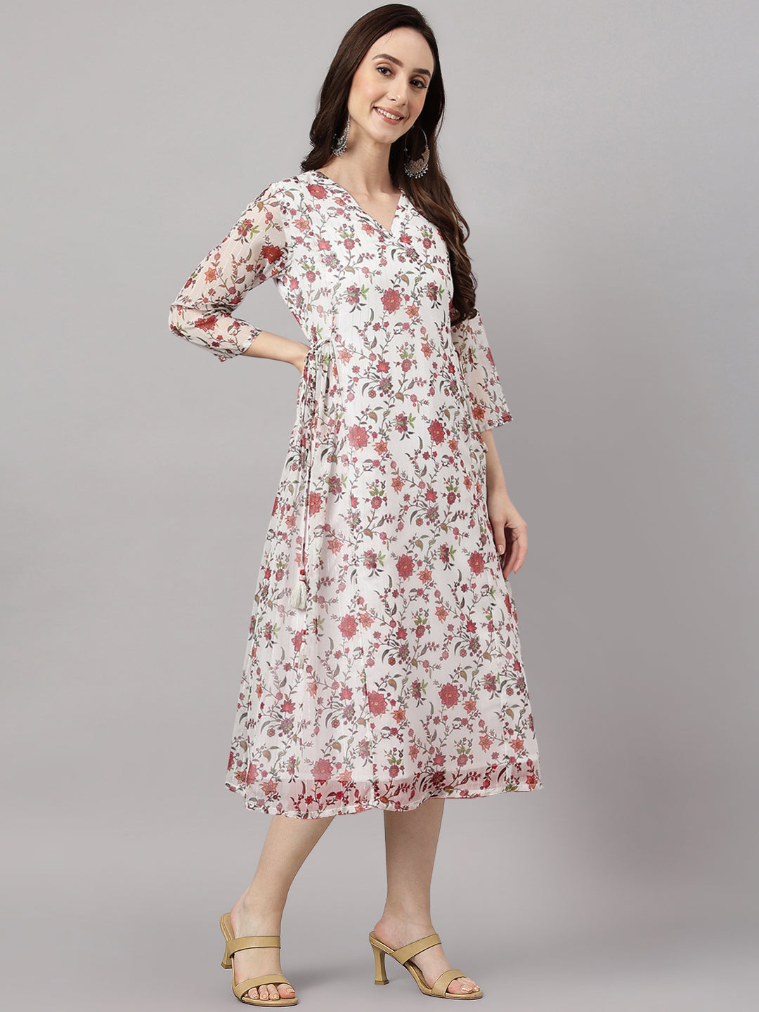 Janasya Women's Orange Chiffon Lurex Floral Printed Kaftan Casual Dress
