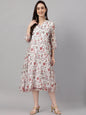 Janasya Women's Orange Chiffon Lurex Floral Printed Kaftan Casual Dress