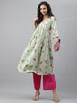 Janasya Women's Light Green Cotton Floral Printed Casual Flared Kurta