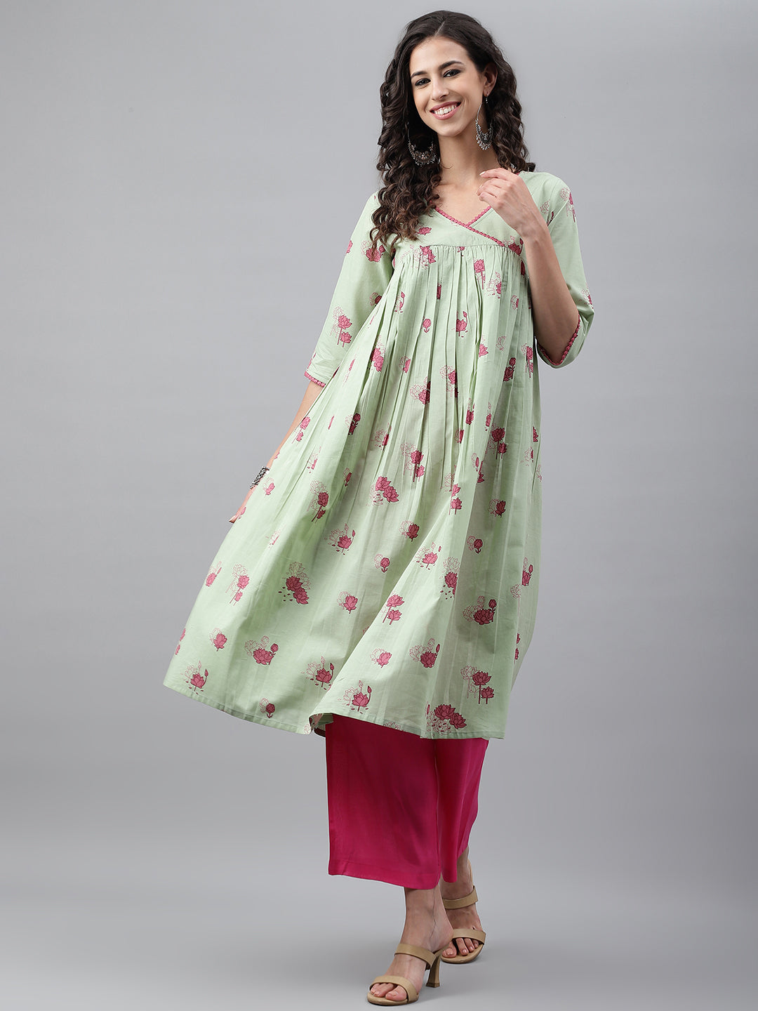Janasya Women's Light Green Cotton Floral Printed Casual Flared Kurta