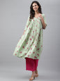 Janasya Women's Light Green Cotton Floral Printed Casual Flared Kurta