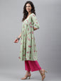 Janasya Women's Light Green Cotton Floral Printed Casual Flared Kurta