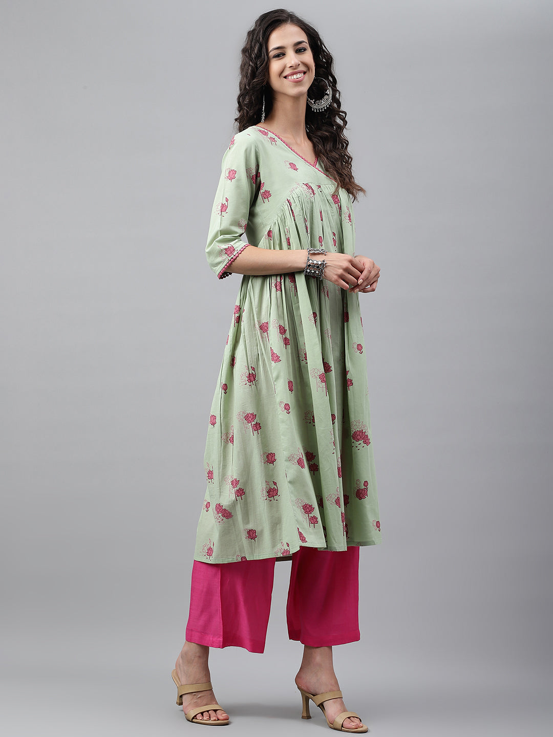 Janasya Women's Light Green Cotton Floral Printed Casual Flared Kurta