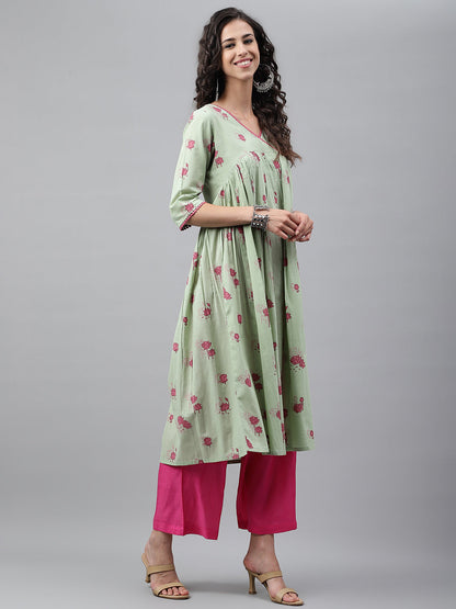 Janasya Women's Light Green Cotton Floral Printed Casual Flared Kurta
