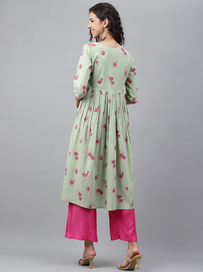 Janasya Women's Light Green Cotton Floral Printed Casual Flared Kurta