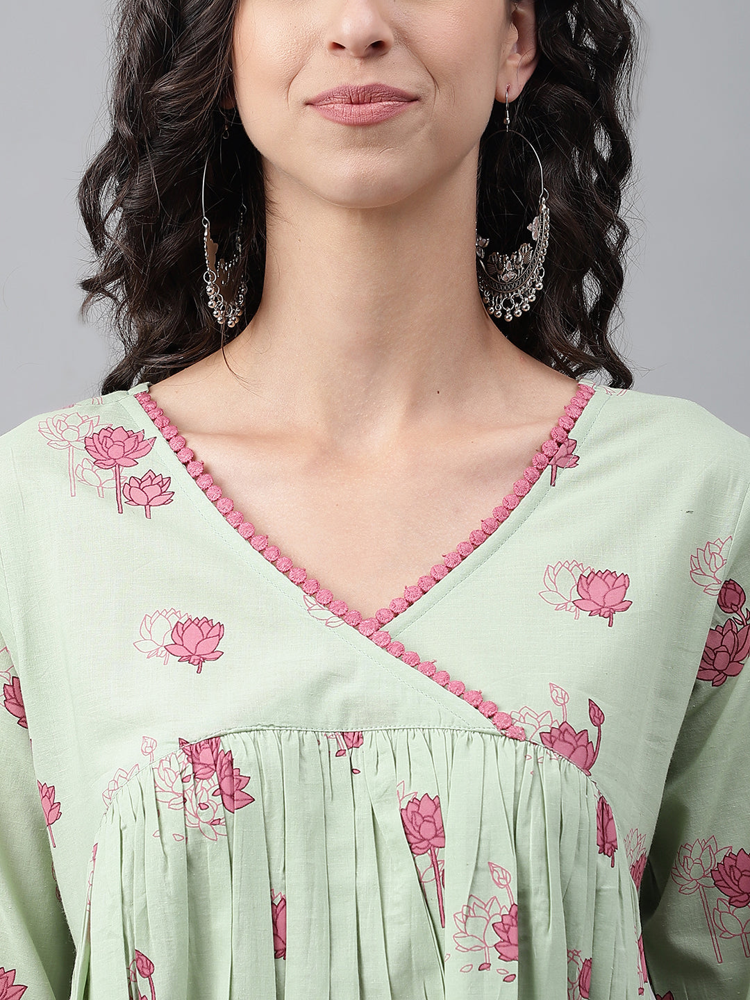 Janasya Women's Light Green Cotton Floral Printed Casual Flared Kurta
