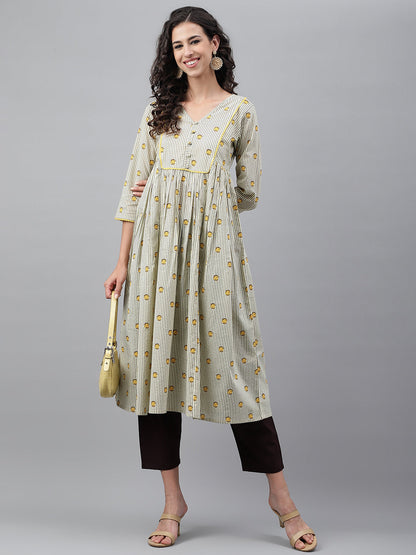 Janasya Women's Light Yellow Cotton Floral Printed Party Flared Kurta