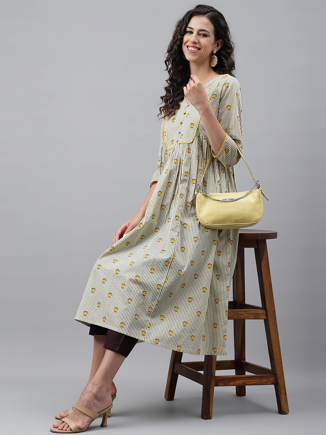 Janasya Women's Light Yellow Cotton Floral Printed Party Flared Kurta