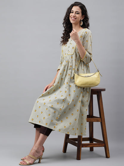Janasya Women's Light Yellow Cotton Floral Printed Party Flared Kurta