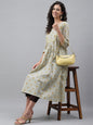 Janasya Women's Light Yellow Cotton Floral Printed Party Flared Kurta