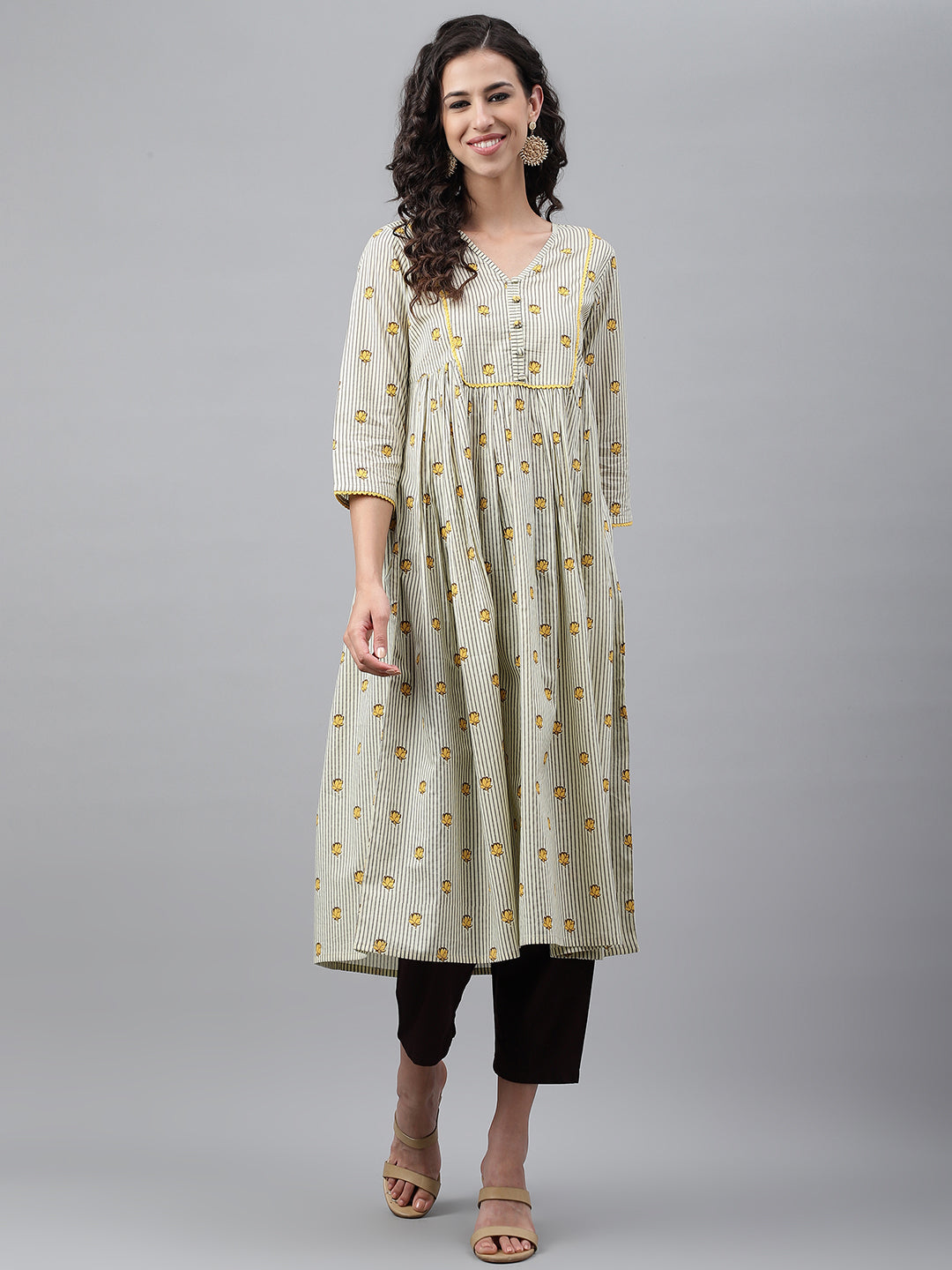 Janasya Women's Light Yellow Cotton Floral Printed Party Flared Kurta