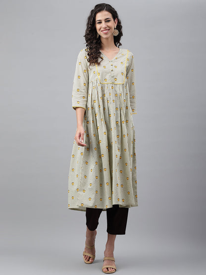 Janasya Women's Light Yellow Cotton Floral Printed Party Flared Kurta